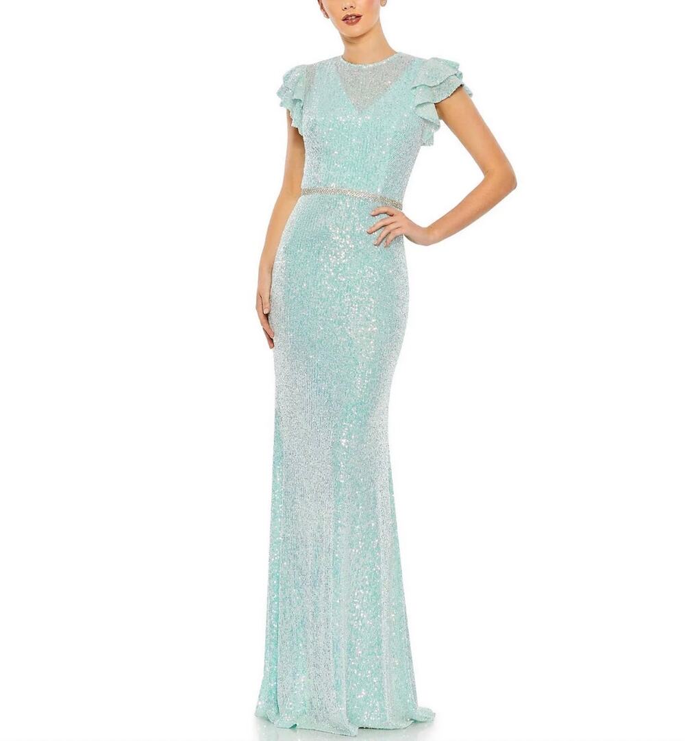 Mac Duggal 26942 Ice Blue Evening Gown Sequined Long Formal Column Dress Size 14